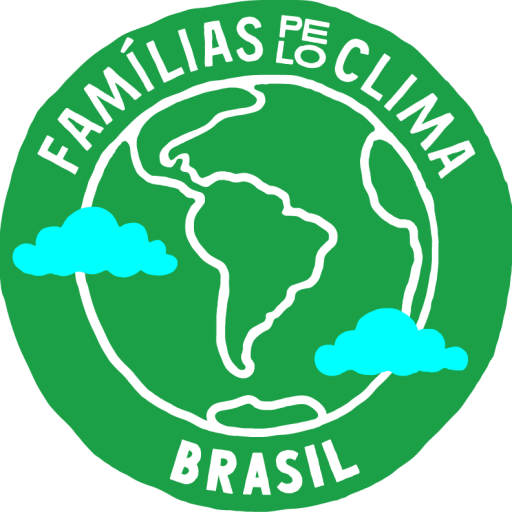 Logo do Famílias pelo Clima Brasil com um planeta verde e duas nuvens azuis sobrepostas. O texto em cima "Famílias pelo Clima" e abaixo "Brasil".